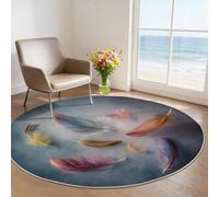 Alfombra Redonda de Salon Resumen Naturaleza Estampada Alfombra Lavable de Habitacion, Colores Plumas Degradados Alfombras Pelo Corto para Comedor Salón Dormitorio, 90 cm
