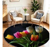 Alfombra redonda de tulipán para sala de estar, 80 cm, color negro, lavable, floral, antideslizante y suave, con cerdas cortas, alfombra para dormitorio, oficina, comedor y entrada
