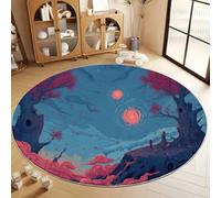 Alfombra Redonda Decorativa Chino Atardecer Floral Flor De Cerezo, Alfombra Azul Antideslizante de Pelo Corto Lavable Antideslizante para Salón y Habitación - 80 cm