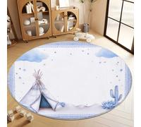 Alfombra Redonda Decorativa Dibujado A Mano Minimalista Nube Tienda Campaña, Alfombra Azul Claro Antideslizante de Pelo Corto Lavable Antideslizante para Salón y Habitación - 160 cm