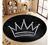 Alfombra Redonda Decorativa Pintado A Mano Minimalista Corona Moderno, Alfombra Negro Antideslizante de Pelo Corto Lavable Antideslizante para Salón y Habitación - 150 cm