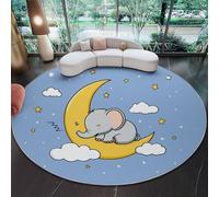 Alfombra Redonda Decorativa y Suave, Caricatura Elefante pequeño Nubes Luna Alfombra Circular Antideslizante para Salón, Dormitorio y Oficina, Azul Diseño Moderno para Interior 140 cm