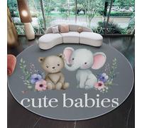 Alfombra Redonda Decorativa y Suave, Elegante Osito Elefante Animales Alfombra Circular Antideslizante para Salón, Dormitorio y Oficina, Gris Diseño Moderno para Interior 180 cm