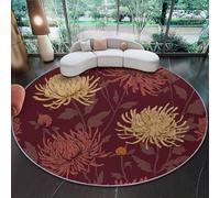 Alfombra Redonda Decorativa y Suave, Pintado Líneas Crisantemos Textura Alfombra Circular Antideslizante para Salón, Dormitorio y Oficina, Rojo Oscuro Diseño Moderno para Interior 120 cm