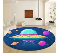 Alfombra Redonda Dibujo Animado Planetas Nave Espacial, Alfombra Lavable y Antideslizante de Pelo Corto - Tapete Estampados Azul Oscuro para Salón Dormitorio Oficina o Comedor Diámetro de 100 cm