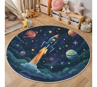Alfombra Redonda Dibujos Animados Espacio, Alfombra Azul Oscuro Pelo Corto Suave, Alfombras Estampado Cohetes Planetas Antideslizante fácil de cuidar, para Dormitorio Salón Cocina Halls 120cm