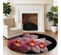Alfombra redonda elegante con flores de orquídea, 120 cm, romántica, fina, de pelo corto, suave y segura, para habitación infantil, color negro, lavable, antideslizante, alfombra redonda