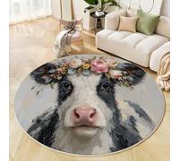 Alfombra Redonda En White Negro para Salon 180cm, Alfombra con Estampado Vacas Coronas Lavable, Antideslizante Animales Estilo Pintura Al Óleo Alfombras, para Dormitorio Cocina Comedor Balcón