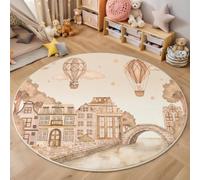 Alfombra Redonda Escena Callejera En Acuarela, 90cm Alfombra de Pelo Corto Estilo Acuarela Curativo Lavable Antideslizante Tapetes Muy Suave para Sala, Dormitorio y Habitación Infantil, Color Arena