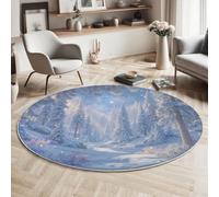 Alfombra Redonda Escena De Nieve Invernal De Ensueño, Lavable Pelo Corto Bosque Camino Copos De Nieve Alfombra para Dormitorio Interior, Antideslizante Azul Alfombras para Sala De Estar sofá 90cm