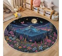 Alfombra Redonda Escena La Luz La Luna Sobre Una Montaña, Lavable Antideslizante Diámetro De 120Cm, Montañas Flores Silvestres Mariposas, Para Sala De Estar, Dormitorio,Pasillo, Estudio,Mesita