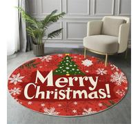 Alfombra Redonda, Estampado Feliz Navidad Dibujos Animados Copos Nieve Acebo Alfombras Redondas Cómodo, Lavable Antideslizante Alfombra Salon Redondas Para Cocina Habitacion, Rojo Baya, 100 Cm