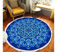 Alfombra Redonda Estilo Boho Lavable A Máquina Con Borlas Y Estampado Floral Antideslizante De Pelo Corto Para La Sala De Estar Mesa De Centro O Como Elemento Decorativo El Hogar, 90cm/35.4in-F