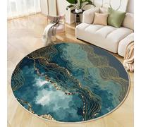 Alfombra Redonda Estilo De Arte Abstracto Suave y acogedora, Lavable Antideslizante Sencillo con Líneas Doradas Alfombra, fácil de cuidar Azul Verdoso Alfombras para Dormitorio Sala de Estar - 150cm