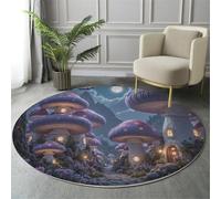 Alfombra Redonda Estilo De Cuento De Hadas De Fantasía para Sala de Estar, Lavable Antideslizante Púrpura Alfombra, no desprende Pelo Hongos Flores Estampada Alfombras para Dormitorio 150cm