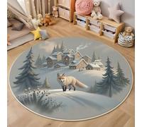 Alfombra Redonda Estilo De Cuento De Hadas De Invierno, Alfombra Blanco Pelo Corto Suave, Alfombras Estampado Zorro Pino Casa De Madera Antideslizante fácil de cuidar, para Salón Cocina Halls 160cm