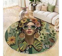 Alfombra Redonda Estilo De Moda Retro, Alfombra Verde Pelo Corto Suave, Alfombras Estampado Mujer Flores Antideslizante fácil de cuidar, para Dormitorio Salón Cocina Halls 120cm