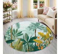 Alfombra redonda exótica tropical de 60 cm para dormitorio, sala de estar, hojas y flores de palmeras verdes y naranjas, antideslizante, lavable, suave, de pelo bajo, resistente a las manchas, para