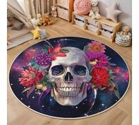 Alfombra Redonda Fantasía Gótico Lavable, Alfombra Vistoso Estampado Calaveras Flores Cielo Estrellado Antideslizante Fácil de Limpiar, para Dormitorio Entrada Comedor Halls Balcón Alfombras 120cm