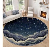 Alfombra redonda Fantasy Starry Sky para salón, 90 cm, resistente, ligera, romántica, nubes de ensueño, estrellas, pelo bajo, alfombra circular, color gris y azul, lavable, antideslizante, para niños
