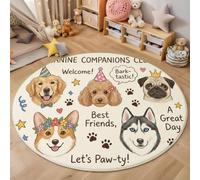 Alfombra Redonda Festival Fiesta 90cm para Salon Alfombra de Flor Avatares Perros Fiesteros Antideslizante, Lavables en Lavadora, Tapete Redondo Pelo Corto para Dormitorio Comedor, Blanco Lechoso