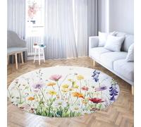 Alfombra Redonda Flores de Acuarela - Diseño Suave de Flores Silvestres, Pelo bajo y Lavable para habitación Infantil 150cm