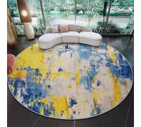 Alfombra Redonda Franela 140 cm - Amarillo Azul Antideslizante Plegable Pelo Corto Arte Abstracto Textura Líneas Patrón Alfombra para Salón Cocina Dormitorio o Terraza Decorativo