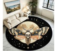 Alfombra redonda gótica mariposa y cráneo, pelo bajo antideslizante 60 cm | Mariposa y calavera con fondo negro roca, no pierde sus pelos, lavable a máquina, decoración ideal para dormitorio