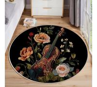 Alfombra Redonda Grande de 60cm, Patrón De Bordado De Violín Floral Retro Antideslizante de Felpa Esponjosa, Lavable para Sala de Estar, Dormitorio, Pasillo, Cocina, Verde Parduzco