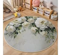 Alfombra Redonda Gris Claro Pintura Al Óleo Realista De Flores, Modelo Lavable Antideslizante Pelo Bajo Estampado Rosas Blancas Hojas Verdes Alfombra Decorativa, para Sala de Estar y Dormitorio 60cm