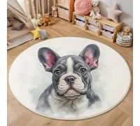 Alfombra Redonda Gris para Salon 160cm, Alfombra con Estampado Bulldog Retrato Lavable, Antideslizante Bulldog Francés Mascota Acuarela Alfombras, para Dormitorio Cocina Comedor Balcón Interior