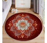 Alfombra Redonda Lavable 100cm, Flores Loto Estampada Antideslizante Pelo Corto Rojo Alfombra, Suave Mandala Geometría Alfombras para Dormitorio Comedor Sala de Estar Oficina