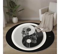 Alfombra Redonda Lavable 150cm, Mecánico Cráneo Estampada Antideslizante Pelo Corto En Blanco Negro Alfombra, Suave Ciencia Ficción Dibujos Animados Alfombras para Dormitorio Comedor Sala de Estar