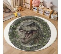 Alfombra Redonda Lavable 160cm, Dinosaurios Muros De Piedra Enredaderas Estampada Antideslizante Pelo Corto Gris Alfombra, Suave Vida Silvestre Realista Alfombras para Dormitorio Comedor Oficina