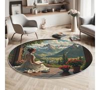 Alfombra Redonda Lavable 160cm, Mujer Valle Flores Estampada Antideslizante Pelo Corto Verde Alfombra, Suave Estilo De Paisaje Natural Alfombras para Dormitorio Comedor Sala de Estar Oficina