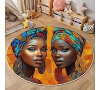 Alfombra Redonda Lavable 160cm, Mujeres Africanas Pañuelos En La Cabeza Estampada Antideslizante Pelo Corto Color Naranja Alfombra, Suave Estilo Tribal Tradicional Alfombras para Dormitorio Comedor