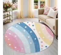 Alfombra redonda lavable, 90 cm, diseño de cuento de hadas, bohemio, para salón, multicolor, arcoíris, lunares, estampado geométrico, pelo bajo, antideslizante, para dormitorio, comedor, habitación