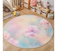 Alfombra Redonda Lavable A Máquina 100Cm,Flores Sencillas 3D Acuarela De Ensueño Decoración Antideslizante Para Sala De Estar,Dormitorio Cocina Balcón Terraza Comedor Interior Y Exterior,Color Pastel