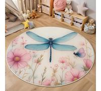 Alfombra Redonda Lavable A Máquina 100Cm,Libélula Flor 3D Insectos Elegantes Decoración Antideslizante Para Sala De Estar,Dormitorio Cocina Balcón Terraza Comedor Interior Y Exterior,Azul Pálido