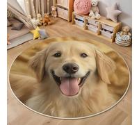 Alfombra Redonda Lavable A Máquina 100Cm,Lindo Golden Retriever 3D Animales Felices Decoración Antideslizante Para Sala De Estar,Dormitorio Cocina Balcón Terraza Comedor Interior Y Exterior,Oro