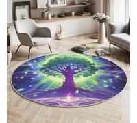 Alfombra Redonda Lavable A Máquina 120Cm,Árbol Del Círculo Radiante 3D Universo De Los Sueños Decoración Antideslizante Para Sala De Estar,Dormitorio Cocina Balcón Terraza Comedor,Verde Púrpura