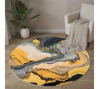 Alfombra Redonda Lavable A Máquina 120Cm, Arte Fluido 3D Color Textura Decoración Antideslizante Para Sala De Estar, Dormitorio Cocina Balcón Terraza Comedor Interior Y Exterior, Negro Amarillo