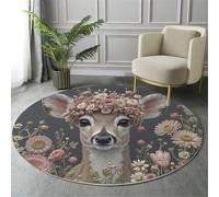 Alfombra Redonda Lavable A Máquina 120Cm,Venado De Cola Blanca Coronado De Coliflor 3D Animales Lindos Decoración Antideslizante Para Sala De Estar,Dormitorio Balcón Terraza Comedor,Marrón Rosado