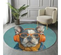Alfombra Redonda Lavable A Máquina 160Cm,Auriculares,Gafas,Bulldog 3D Animales De Wes Anderson Decoración Antideslizante Para Sala De Estar,Dormitorio Cocina Balcón Terraza Comedor,Naranja Negro