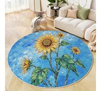 Alfombra Redonda Lavable A Máquina 160Cm,Girasol En Acuarela 3D Plantas De Pintura Al Óleo Decoración Antideslizante Para Sala De Estar,Dormitorio Cocina Balcón Terraza Comedor,Amarillo Verdoso