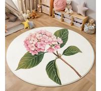Alfombra Redonda Lavable A Máquina 160Cm,Hojas Verdes De Hortensia 3D Plantas De Acuarela Decoración Para Sala De Estar,Dormitorio Cocina Balcón Terraza Comedor Interior Y Exterior,Rosa Verde
