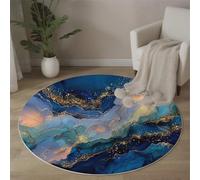 Alfombra Redonda Lavable A Máquina 160Cm,Textura De Mármol 3D Lujo Asequible Al Estilo Instagram Decoración Antideslizante Para Sala De Estar,Dormitorio Cocina Balcón Terraza Comedor,Oro Azul