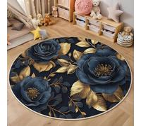Alfombra Redonda Lavable A Máquina 180Cm,Hojas De Rosa 3D Plantas De Lujo Decoración Antideslizante Para Sala De Estar,Dormitorio Cocina Balcón Terraza Comedor Interior Y Exterior,Azul Dorado