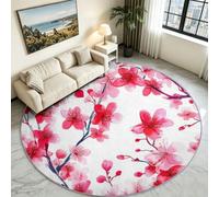 Alfombra redonda lavable a máquina para niños, 160 cm, cerdas suaves y fáciles de mantener, japonesas, Zen dormitorio, salón, oficina, alfombra antideslizante, colores resistentes, flores de cerezo