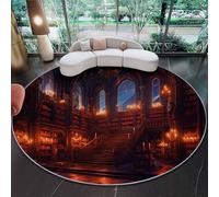 Alfombra Redonda Lavable a Máquina Pelo Corto con Base Antideslizante Alfombra Impresa Fantasía Oscura Biblioteca iluminación Estrellada para Salón Dormitorio Infantil (Negro, 80 cm)